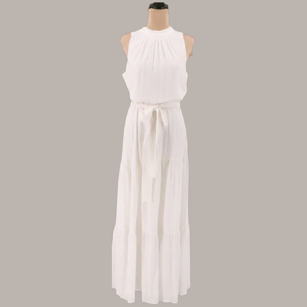 Anne Klein Tiered Gauzy Maxi Dress Womens Size 6 White Bridal Beachy Halter NWT